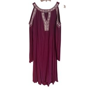 Time and Tru Women's Cold Shoulder‎ Embroidered Dress Purple Long Sleeve Size L